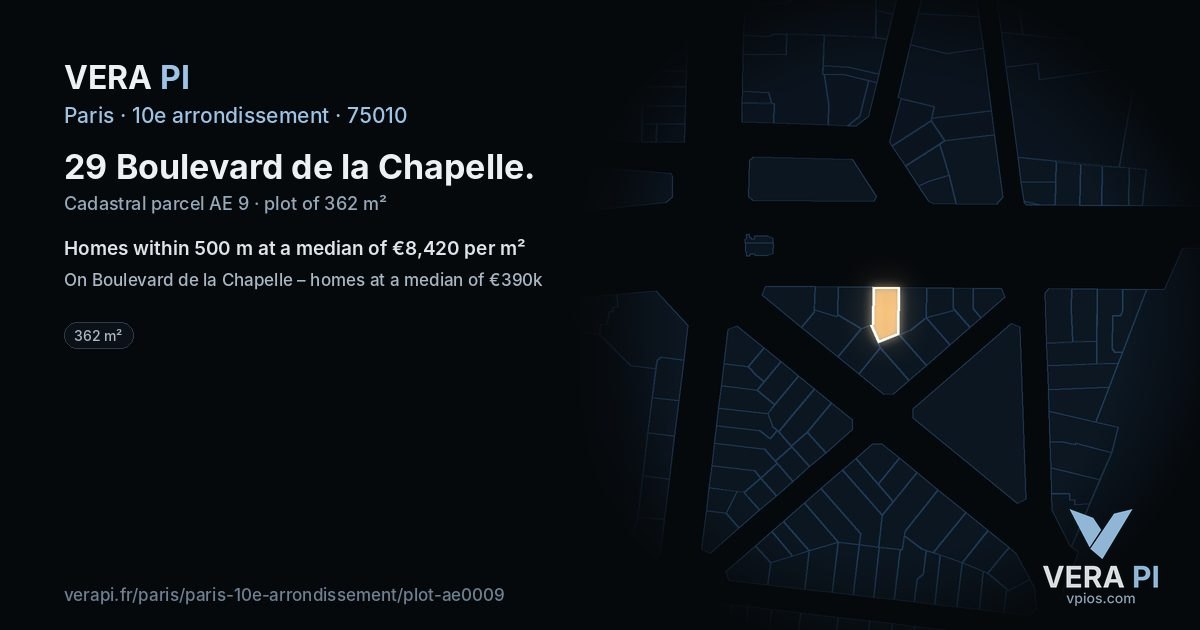 29 Boulevard de la Chapelle, 10e arrondissement at night – the plot lit, the parcels around coloured by the prices near them