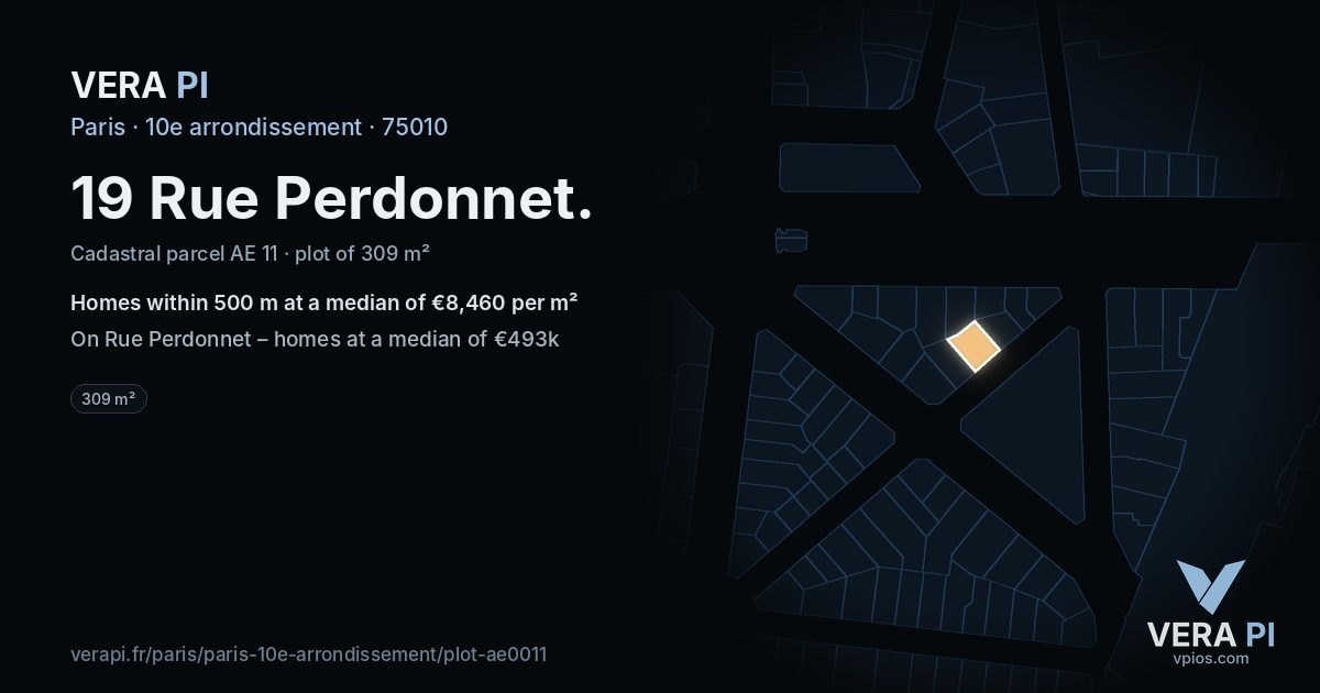 19 Rue Perdonnet, 10e arrondissement at night – the plot lit, the parcels around coloured by the prices near them