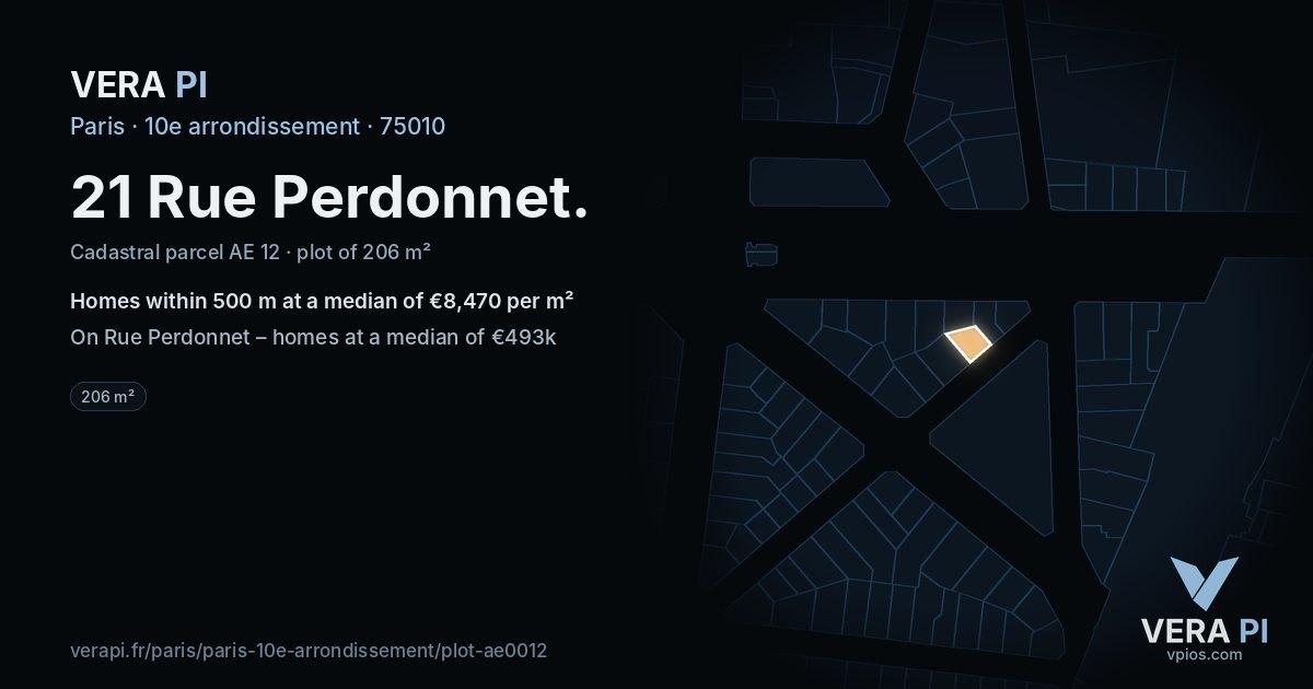 21 Rue Perdonnet, 10e arrondissement at night – the plot lit, the parcels around coloured by the prices near them