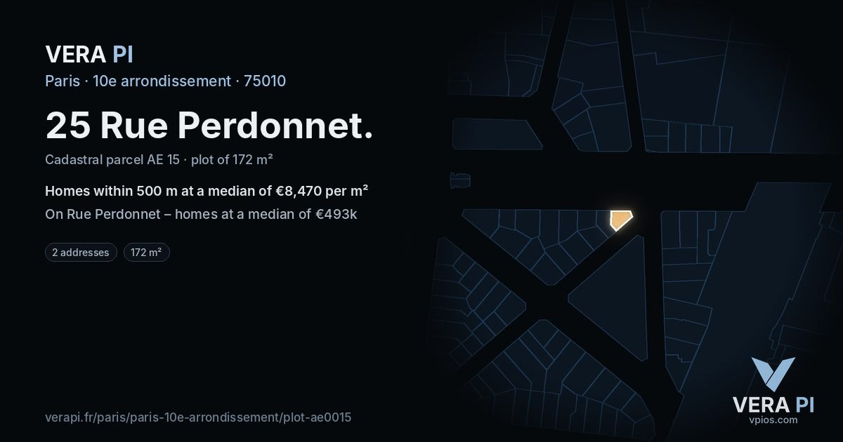 25 Rue Perdonnet, 10e arrondissement at night – the plot lit, the parcels around coloured by the prices near them