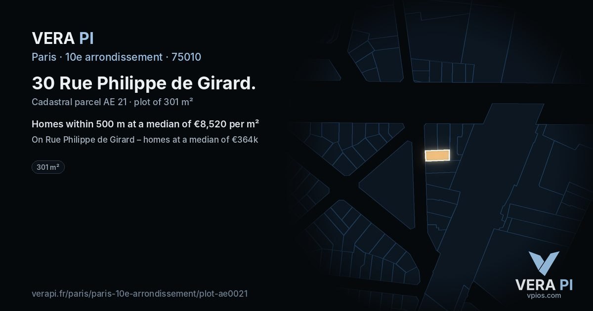 30 Rue Philippe de Girard, 10e arrondissement at night – the plot lit, the parcels around coloured by the prices near them