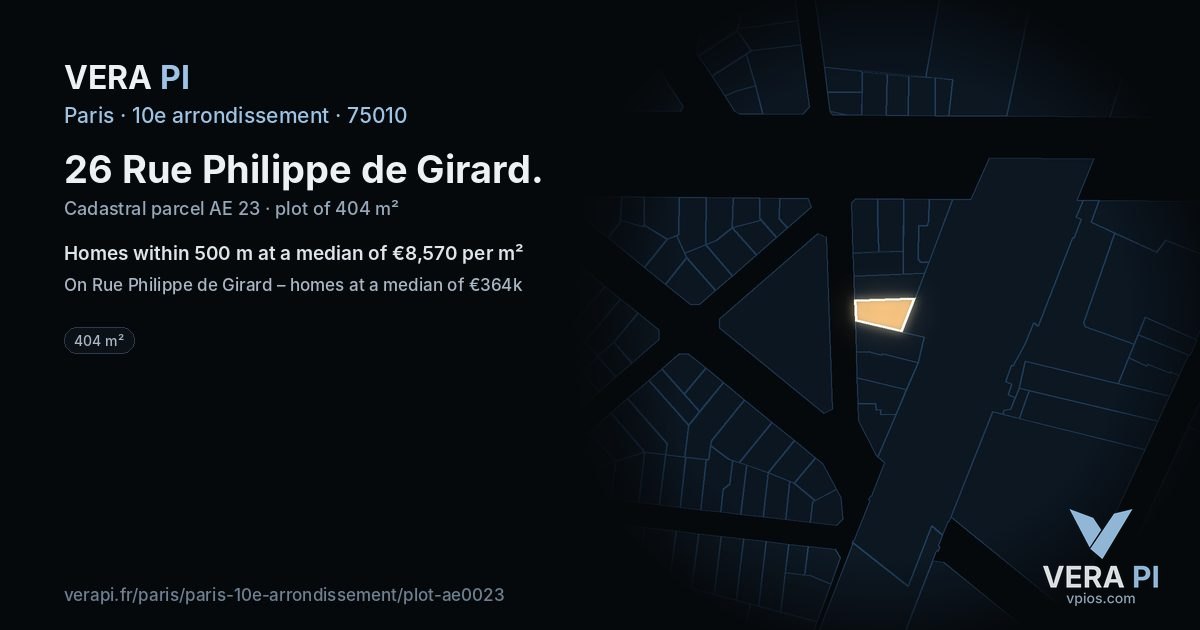 26 Rue Philippe de Girard, 10e arrondissement at night – the plot lit, the parcels around coloured by the prices near them