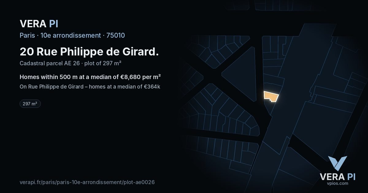 20 Rue Philippe de Girard, 10e arrondissement at night – the plot lit, the parcels around coloured by the prices near them