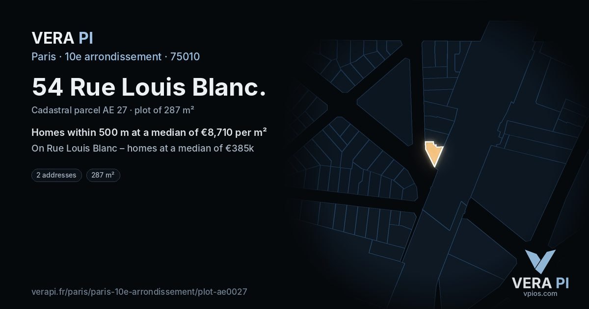 54 Rue Louis Blanc, 10e arrondissement at night – the plot lit, the parcels around coloured by the prices near them