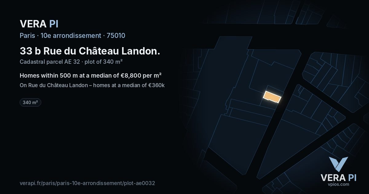 33 b Rue du Château Landon, 10e arrondissement at night – the plot lit, the parcels around coloured by the prices near them