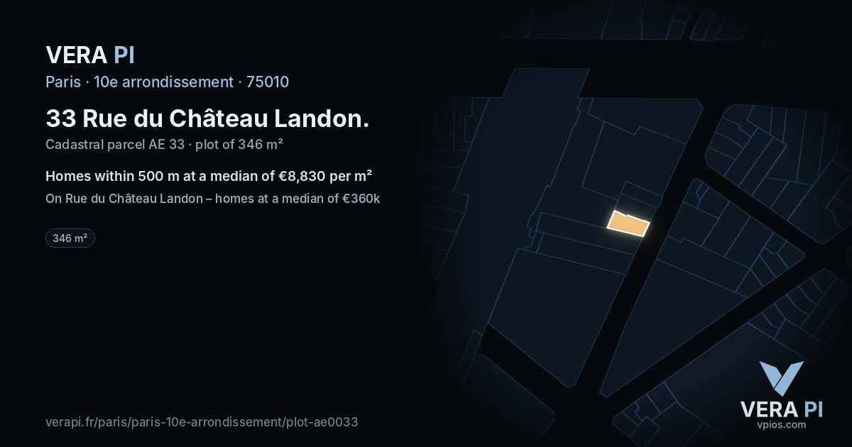 33 Rue du Château Landon, 10e arrondissement at night – the plot lit, the parcels around coloured by the prices near them