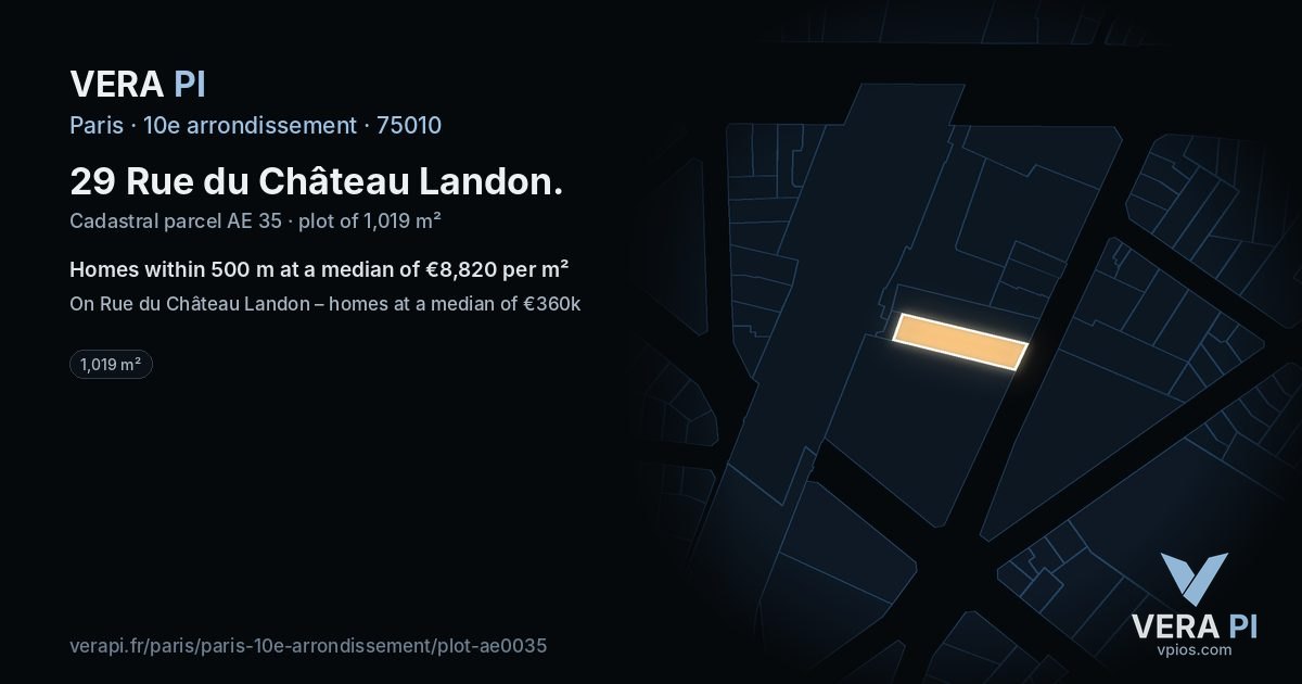 29 Rue du Château Landon, 10e arrondissement at night – the plot lit, the parcels around coloured by the prices near them
