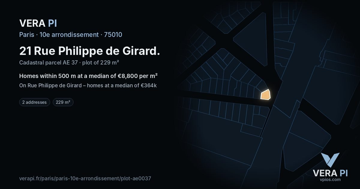 21 Rue Philippe de Girard, 10e arrondissement at night – the plot lit, the parcels around coloured by the prices near them