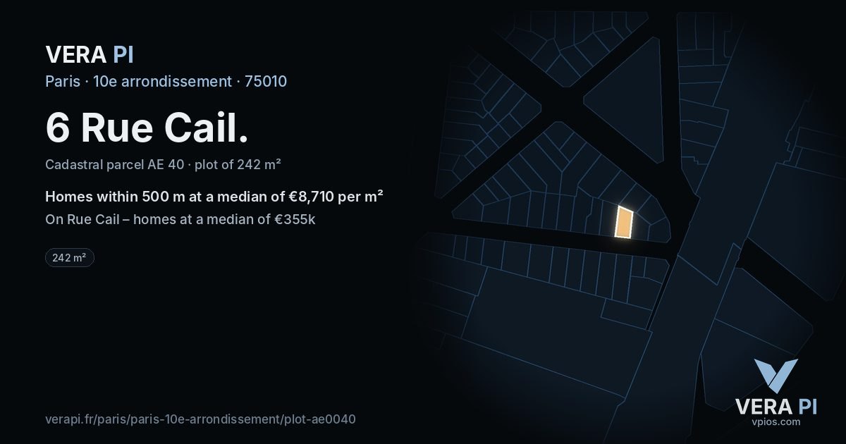 6 Rue Cail, 10e arrondissement at night – the plot lit, the parcels around coloured by the prices near them