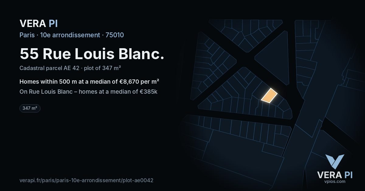 55 Rue Louis Blanc, 10e arrondissement at night – the plot lit, the parcels around coloured by the prices near them