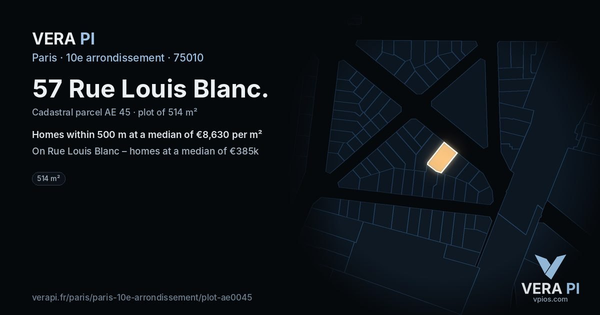 57 Rue Louis Blanc, 10e arrondissement at night – the plot lit, the parcels around coloured by the prices near them