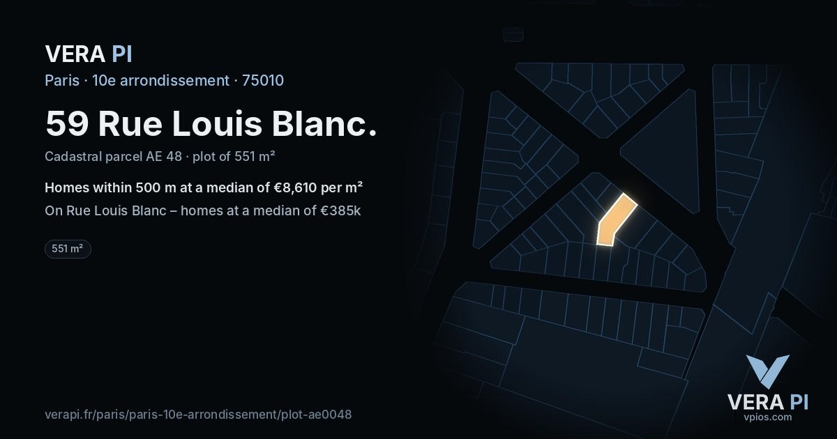 59 Rue Louis Blanc, 10e arrondissement at night – the plot lit, the parcels around coloured by the prices near them