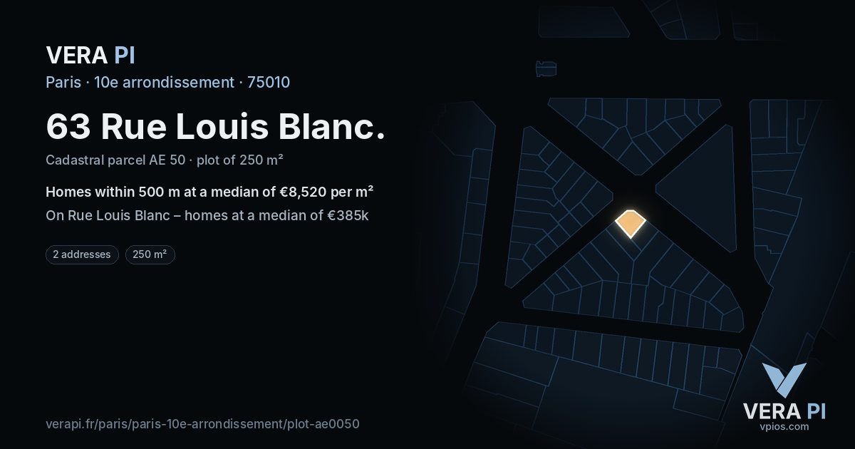 63 Rue Louis Blanc, 10e arrondissement at night – the plot lit, the parcels around coloured by the prices near them