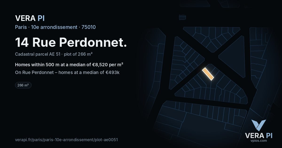 14 Rue Perdonnet, 10e arrondissement at night – the plot lit, the parcels around coloured by the prices near them