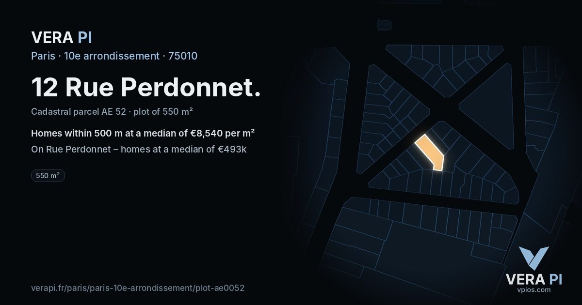 12 Rue Perdonnet, 10e arrondissement at night – the plot lit, the parcels around coloured by the prices near them