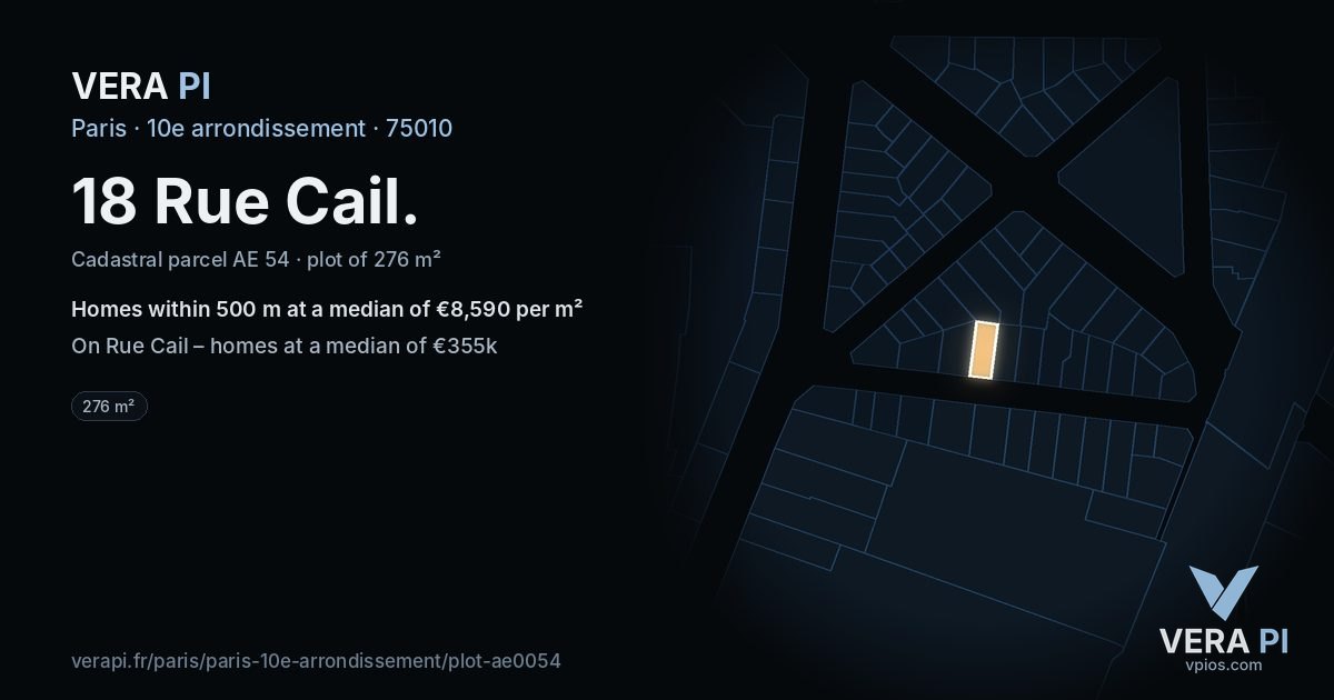 18 Rue Cail, 10e arrondissement at night – the plot lit, the parcels around coloured by the prices near them