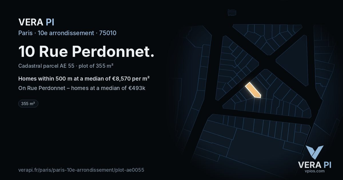 10 Rue Perdonnet, 10e arrondissement at night – the plot lit, the parcels around coloured by the prices near them
