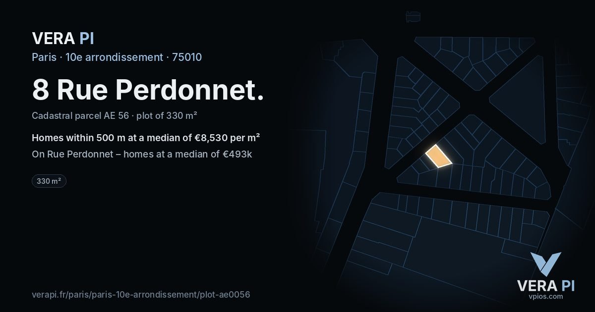 8 Rue Perdonnet, 10e arrondissement at night – the plot lit, the parcels around coloured by the prices near them