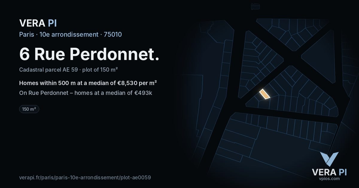 6 Rue Perdonnet, 10e arrondissement at night – the plot lit, the parcels around coloured by the prices near them