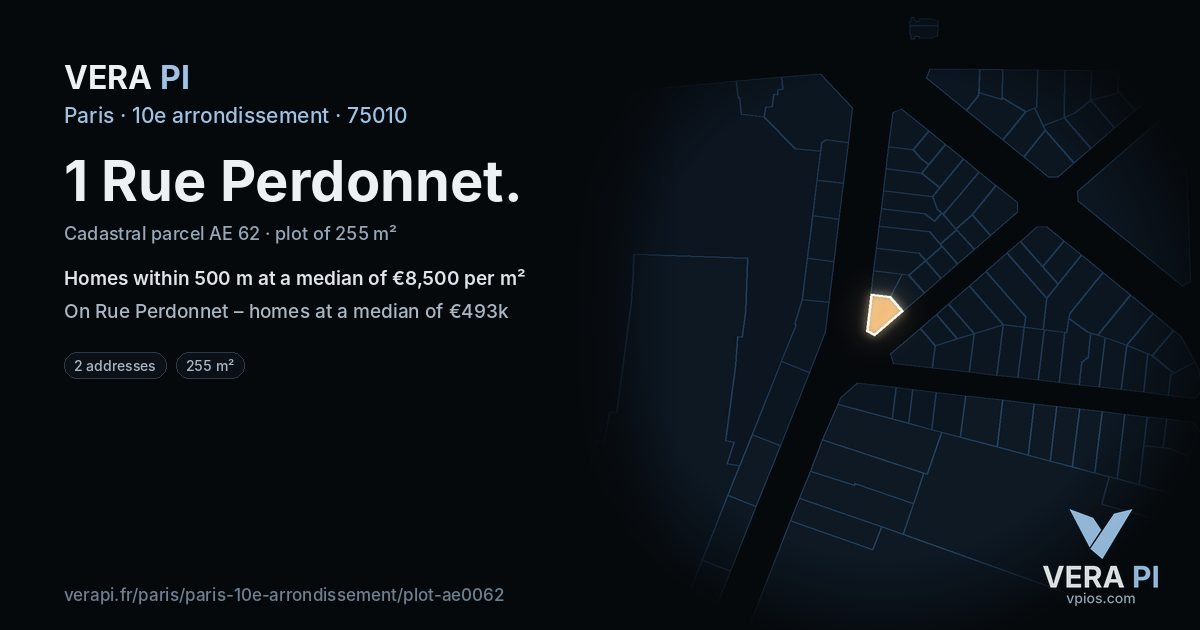 1 Rue Perdonnet, 10e arrondissement at night – the plot lit, the parcels around coloured by the prices near them