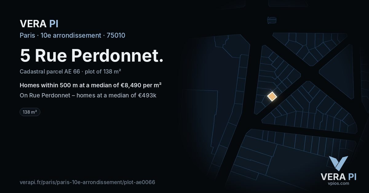 5 Rue Perdonnet, 10e arrondissement at night – the plot lit, the parcels around coloured by the prices near them