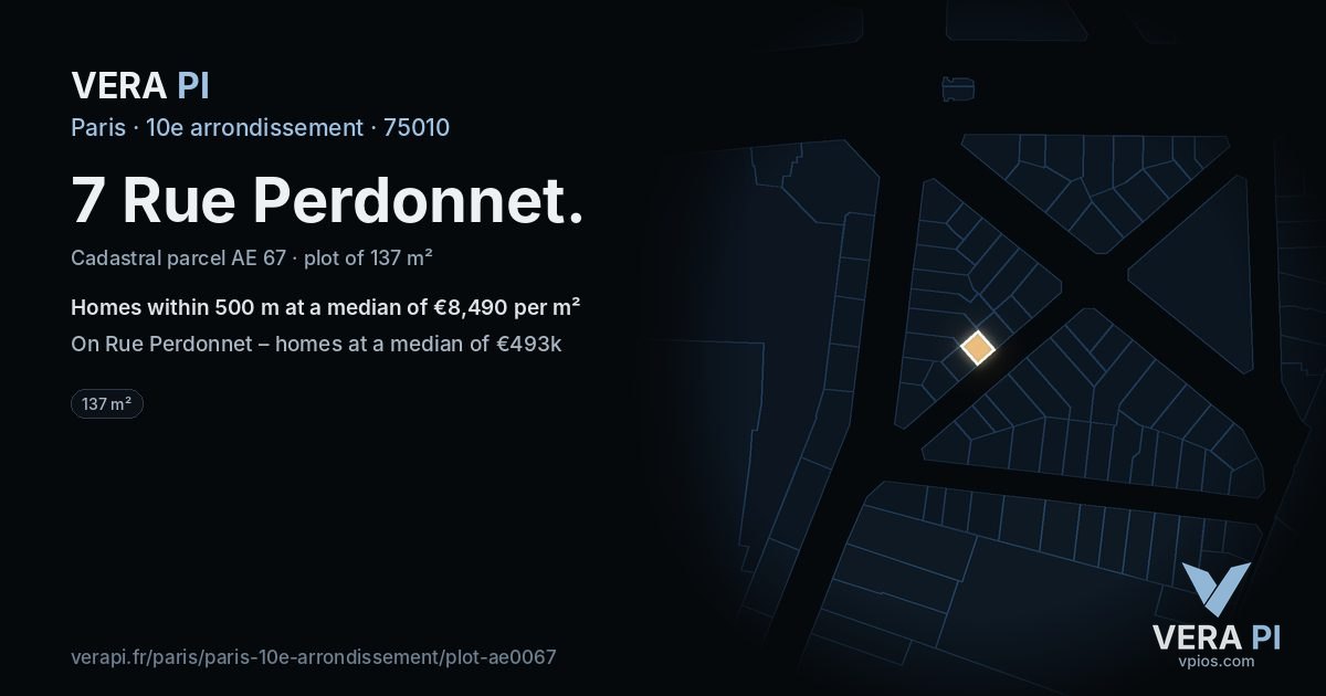 7 Rue Perdonnet, 10e arrondissement at night – the plot lit, the parcels around coloured by the prices near them