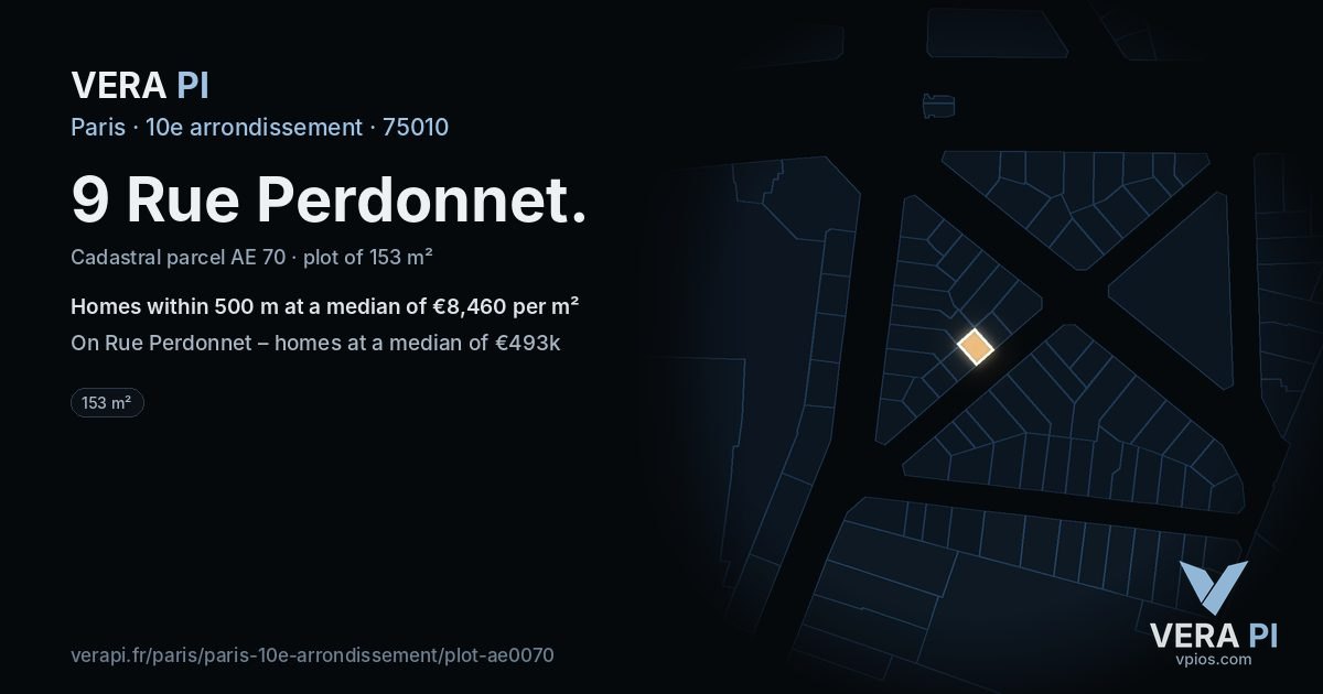 9 Rue Perdonnet, 10e arrondissement at night – the plot lit, the parcels around coloured by the prices near them