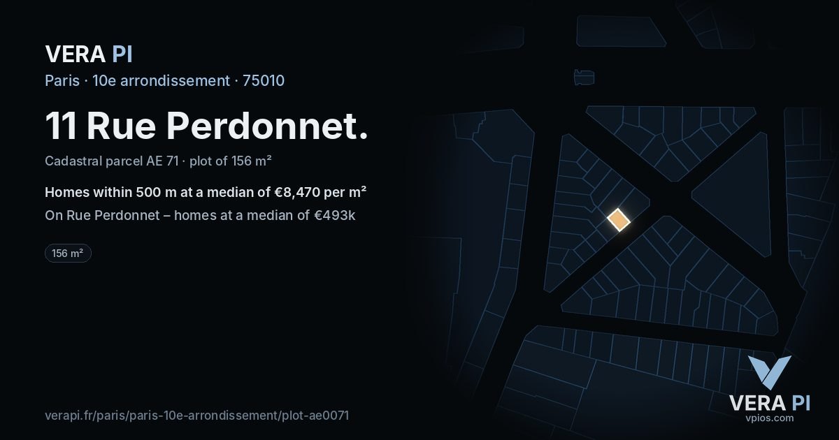 11 Rue Perdonnet, 10e arrondissement at night – the plot lit, the parcels around coloured by the prices near them