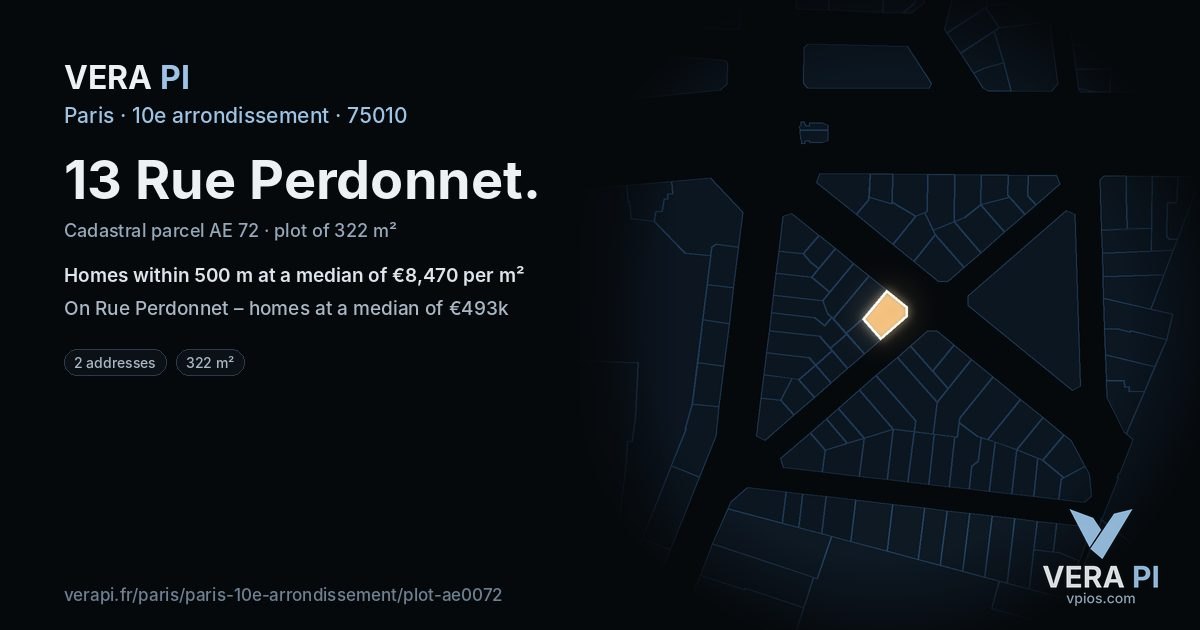 13 Rue Perdonnet, 10e arrondissement at night – the plot lit, the parcels around coloured by the prices near them
