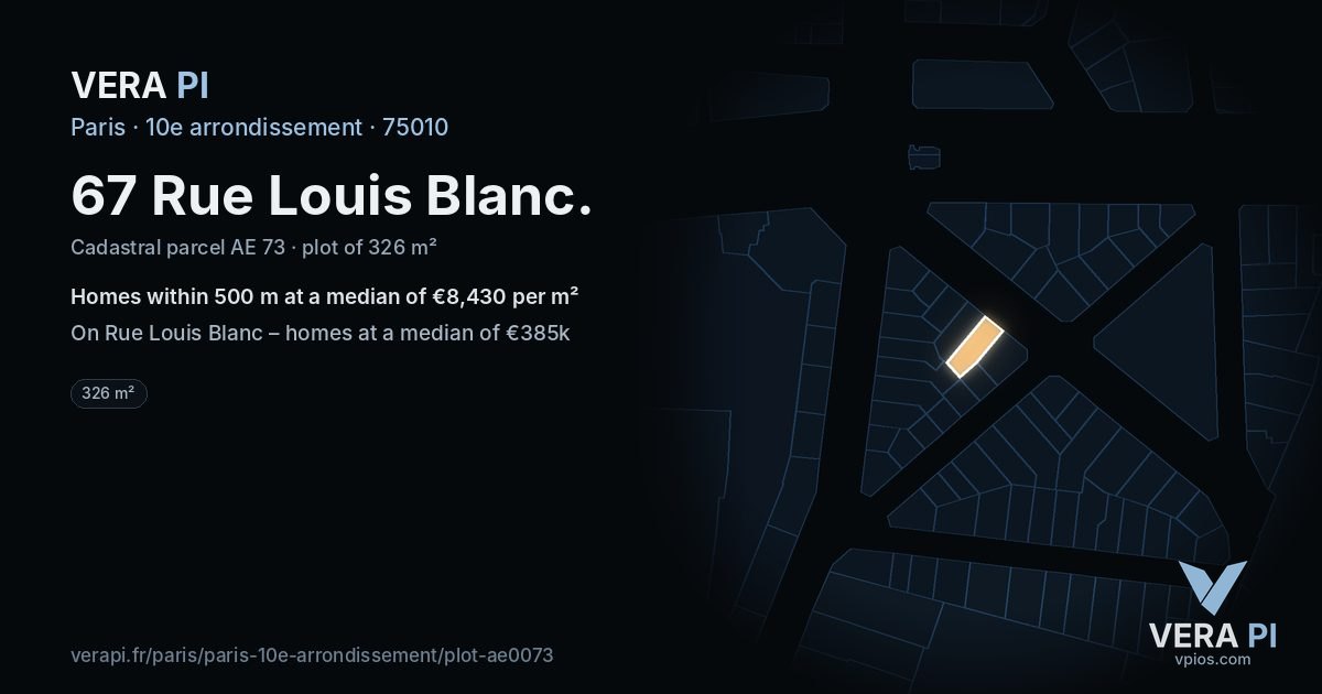 67 Rue Louis Blanc, 10e arrondissement at night – the plot lit, the parcels around coloured by the prices near them