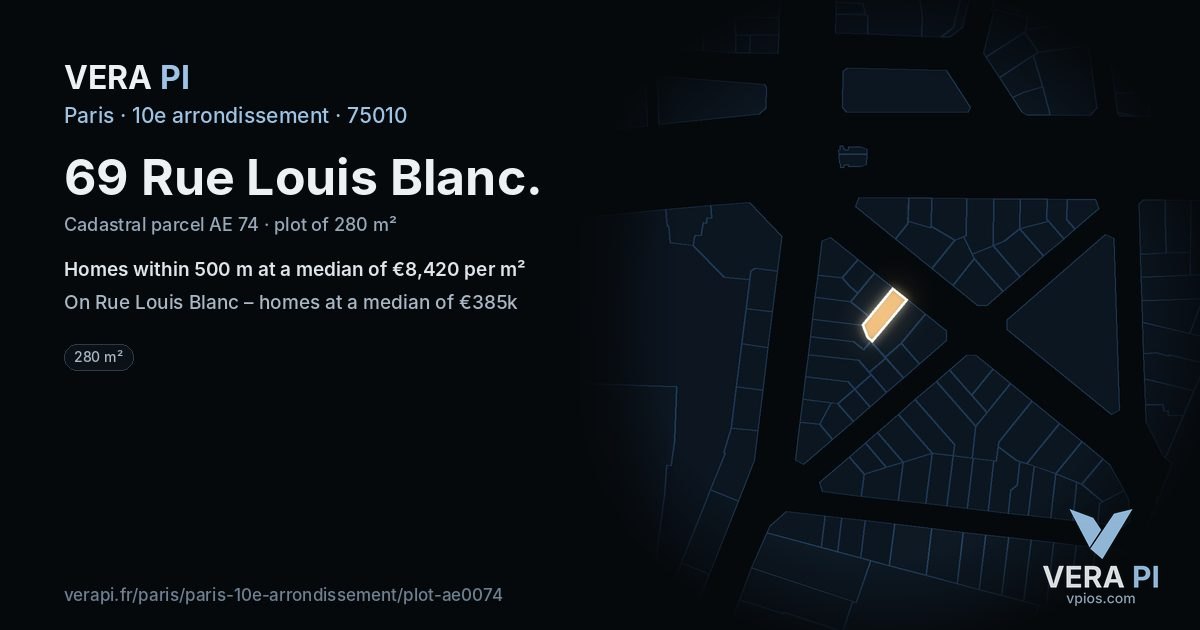69 Rue Louis Blanc, 10e arrondissement at night – the plot lit, the parcels around coloured by the prices near them