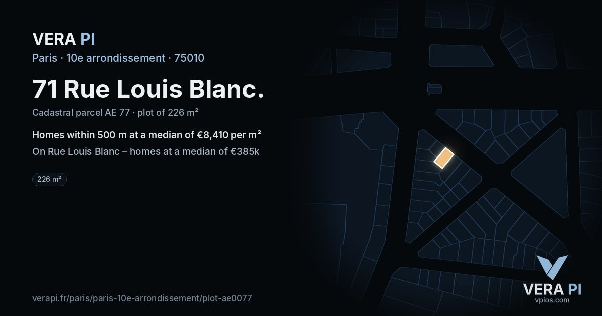 71 Rue Louis Blanc, 10e arrondissement at night – the plot lit, the parcels around coloured by the prices near them