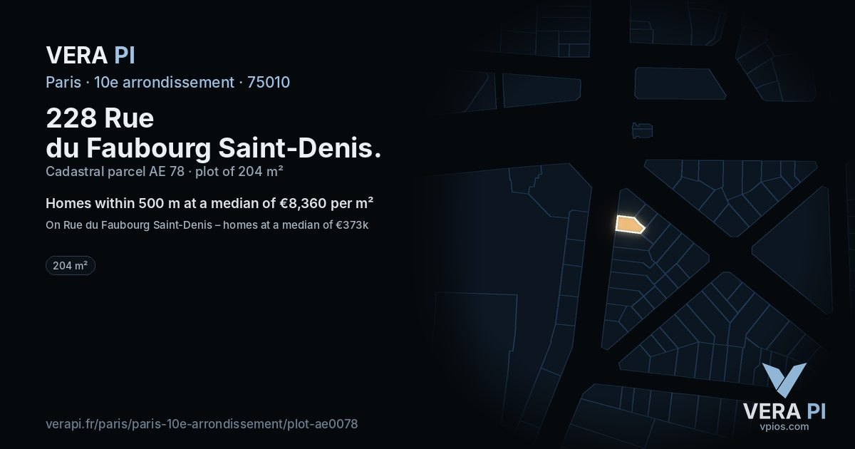 228 Rue du Faubourg Saint-Denis, 10e arrondissement at night – the plot lit, the parcels around coloured by the prices near them