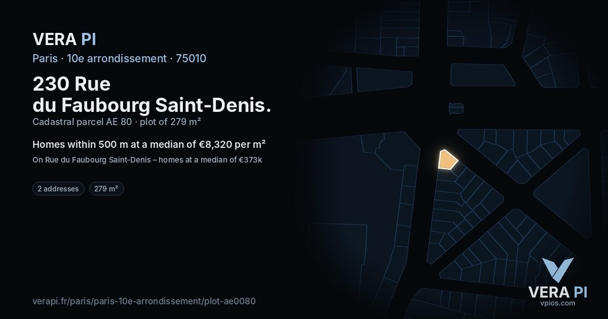 230 Rue du Faubourg Saint-Denis, 10e arrondissement at night – the plot lit, the parcels around coloured by the prices near them