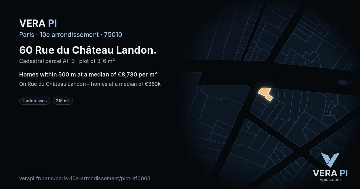 60 Rue du Château Landon, 10e arrondissement at night – the plot lit, the parcels around coloured by the prices near them