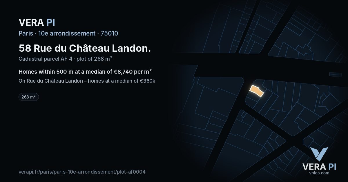 58 Rue du Château Landon, 10e arrondissement at night – the plot lit, the parcels around coloured by the prices near them