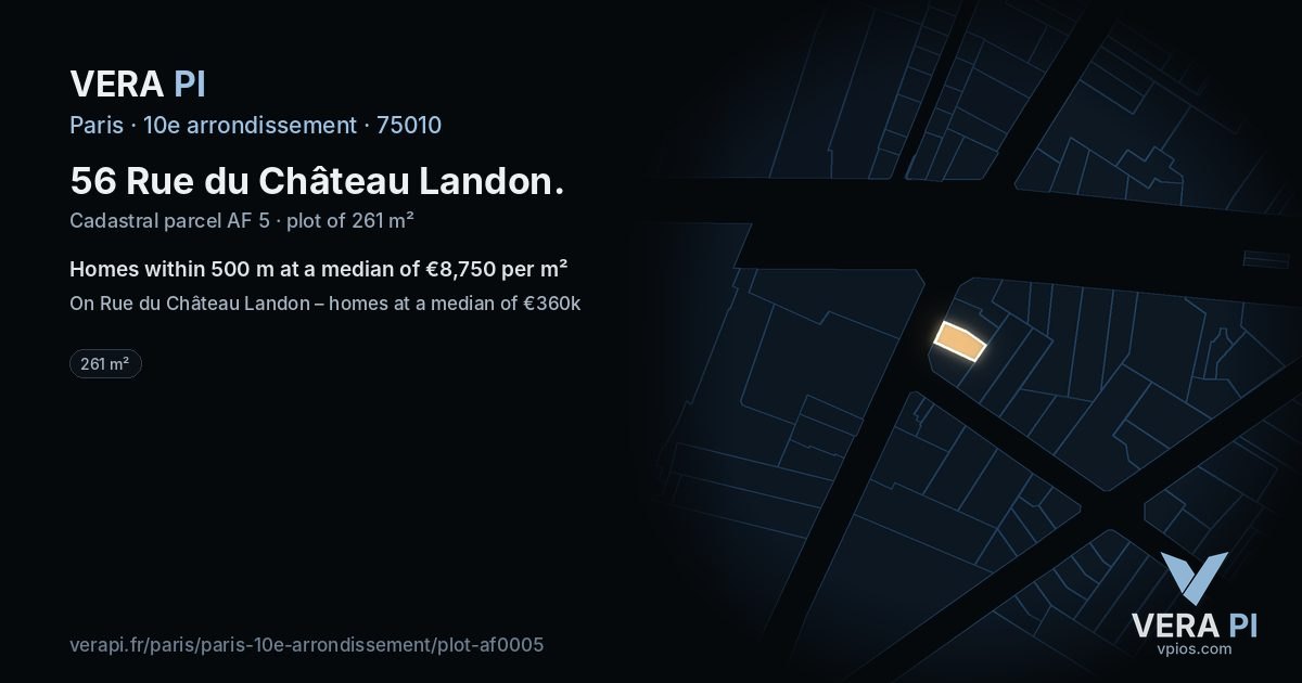 56 Rue du Château Landon, 10e arrondissement at night – the plot lit, the parcels around coloured by the prices near them