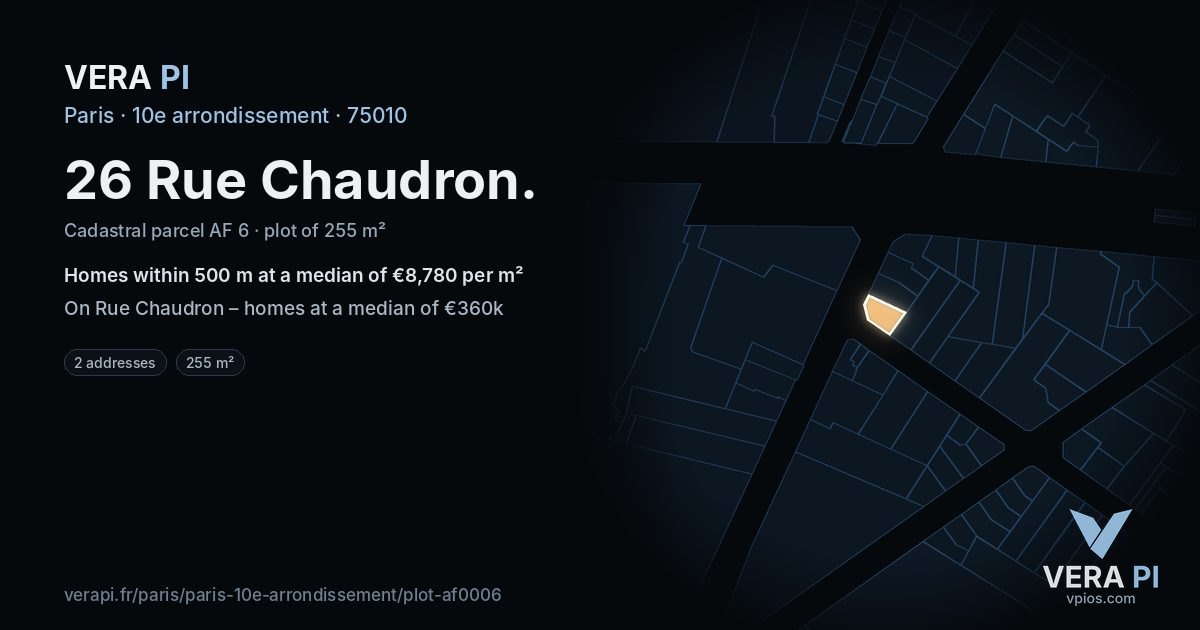 26 Rue Chaudron, 10e arrondissement at night – the plot lit, the parcels around coloured by the prices near them