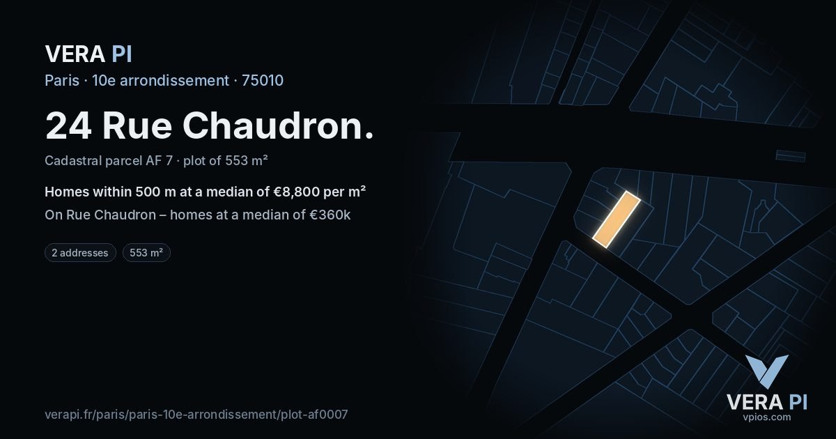 24 Rue Chaudron, 10e arrondissement at night – the plot lit, the parcels around coloured by the prices near them