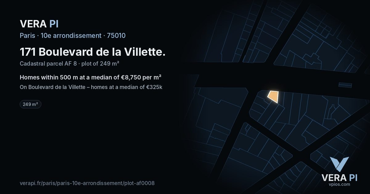 171 Boulevard de la Villette, 10e arrondissement at night – the plot lit, the parcels around coloured by the prices near them