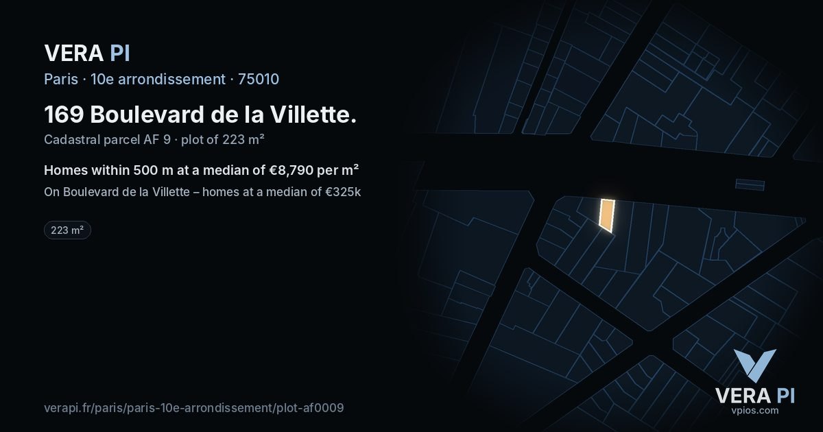 169 Boulevard de la Villette, 10e arrondissement at night – the plot lit, the parcels around coloured by the prices near them