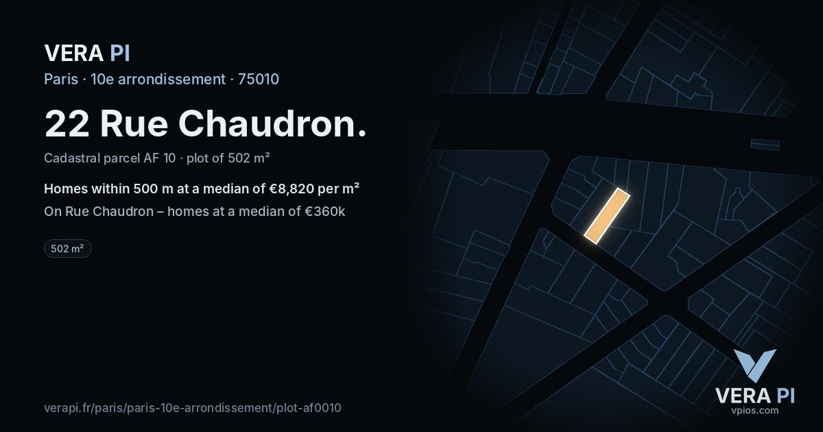 22 Rue Chaudron, 10e arrondissement at night – the plot lit, the parcels around coloured by the prices near them