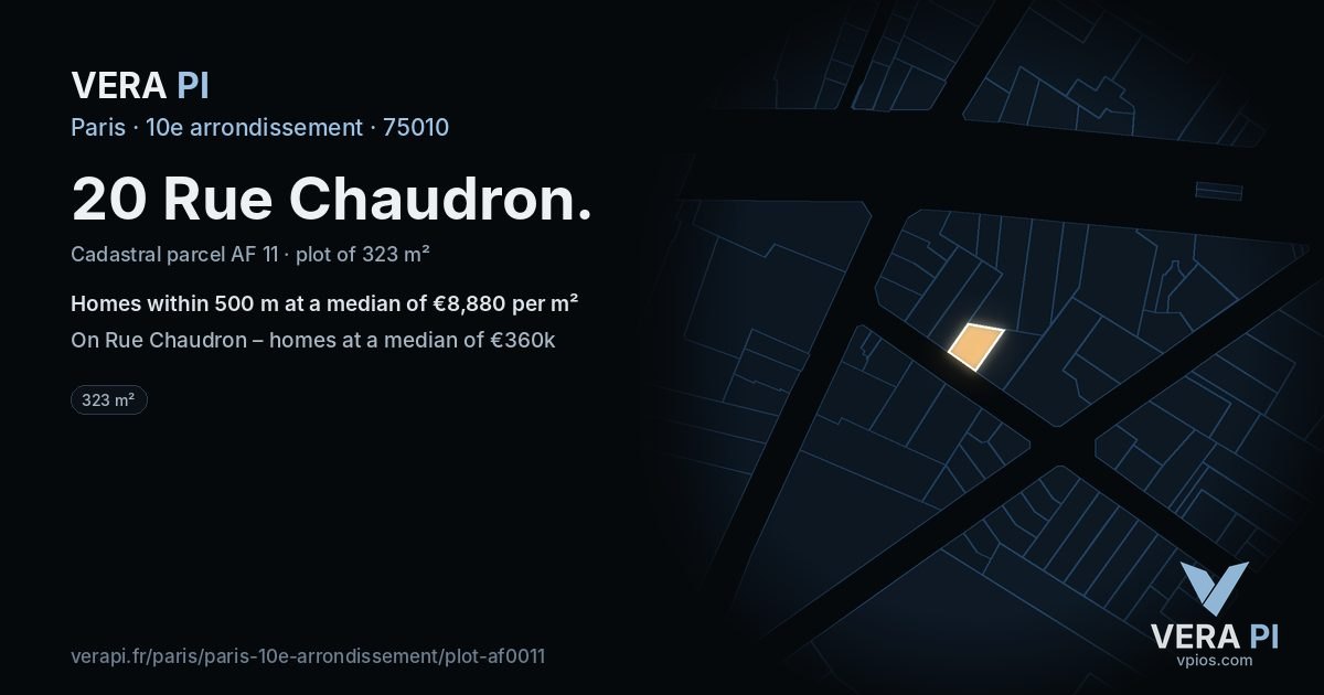 20 Rue Chaudron, 10e arrondissement at night – the plot lit, the parcels around coloured by the prices near them
