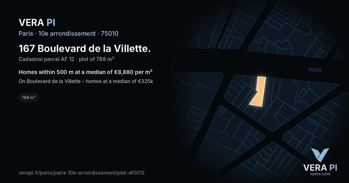 167 Boulevard de la Villette, 10e arrondissement at night – the plot lit, the parcels around coloured by the prices near them