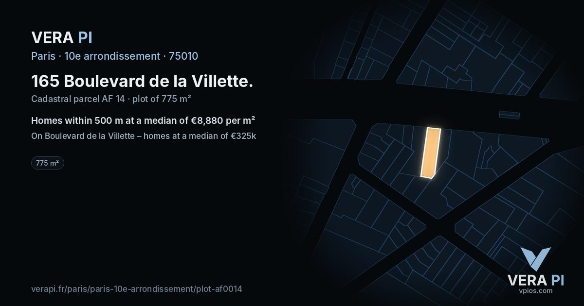 165 Boulevard de la Villette, 10e arrondissement at night – the plot lit, the parcels around coloured by the prices near them