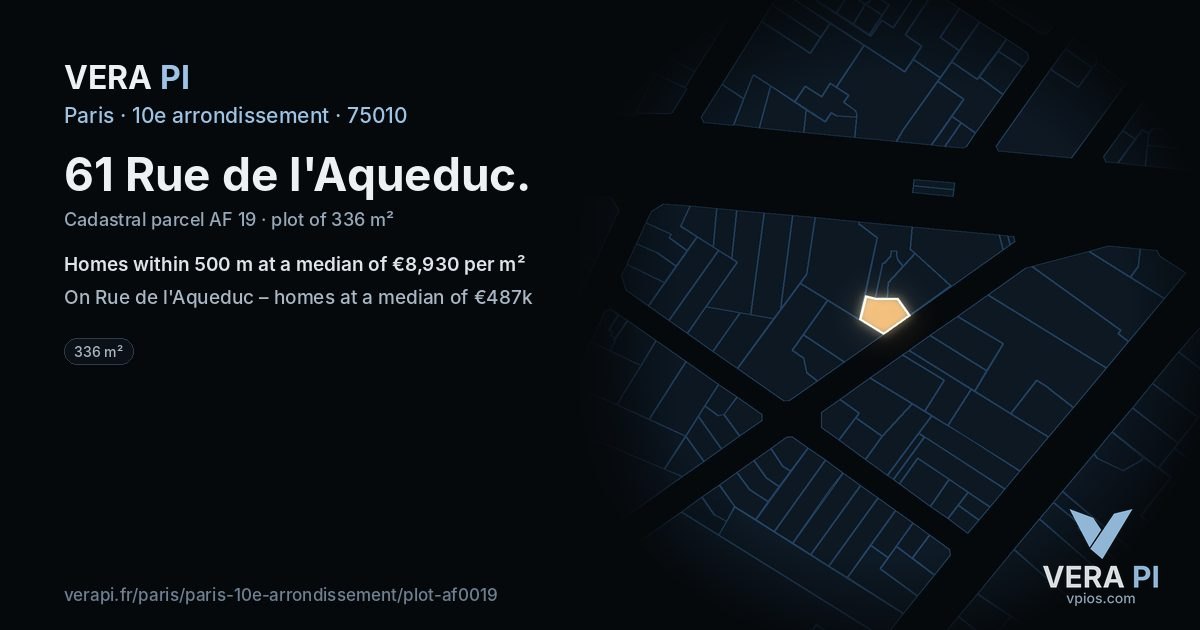 61 Rue de l'Aqueduc, 10e arrondissement at night – the plot lit, the parcels around coloured by the prices near them
