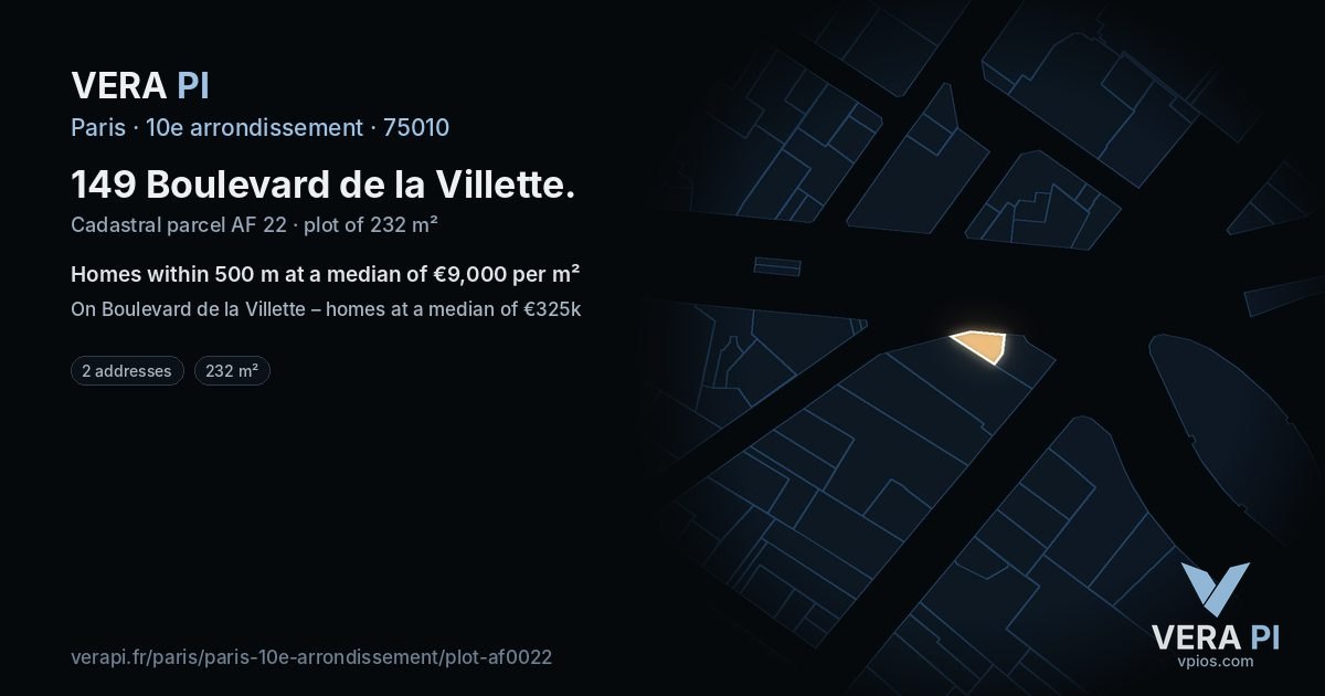 149 Boulevard de la Villette, 10e arrondissement at night – the plot lit, the parcels around coloured by the prices near them