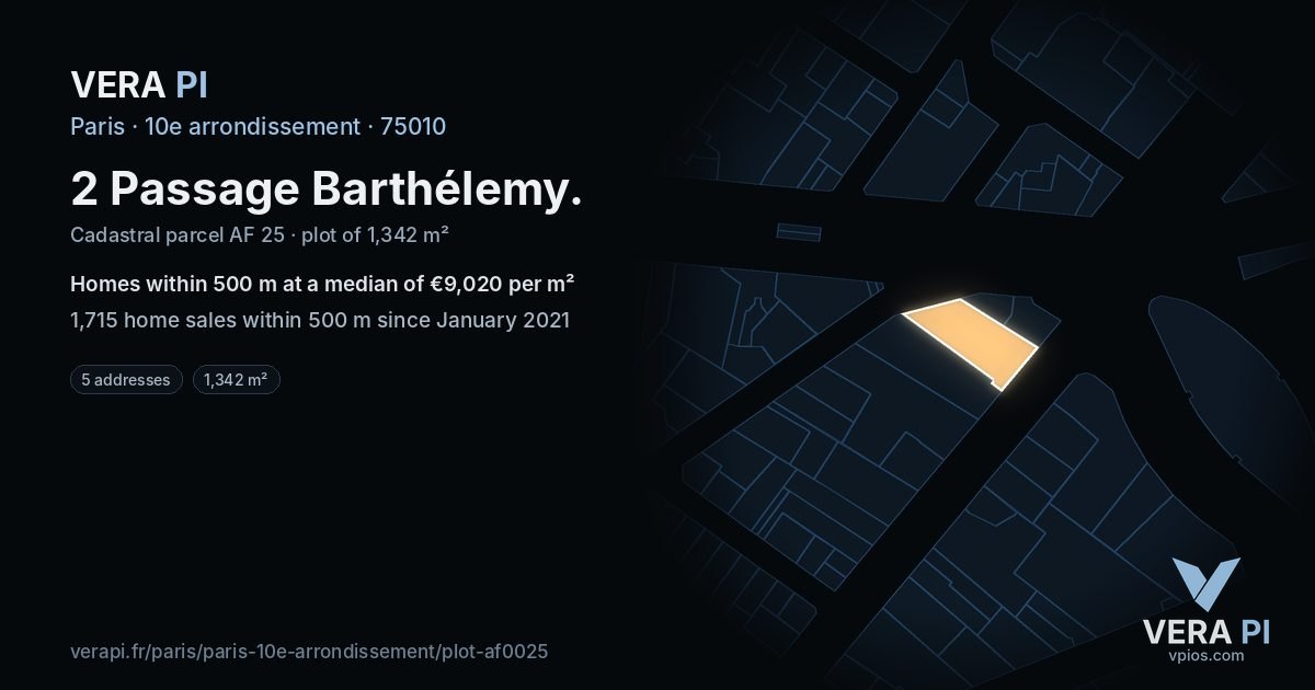 2 Passage Barthélemy, 10e arrondissement at night – the plot lit, the parcels around coloured by the prices near them