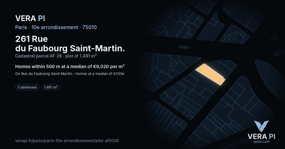261 Rue du Faubourg Saint-Martin, 10e arrondissement at night – the plot lit, the parcels around coloured by the prices near them