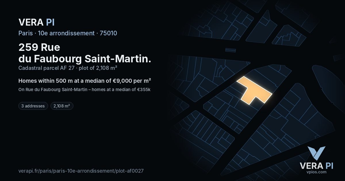 259 Rue du Faubourg Saint-Martin, 10e arrondissement at night – the plot lit, the parcels around coloured by the prices near them